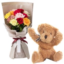 12 Mix Roses and Teddy Bear Delivery Japan