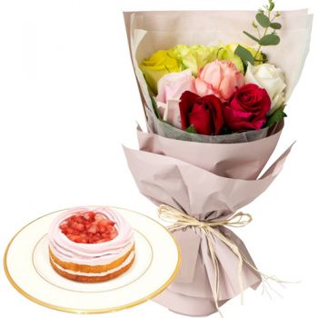 Cake with Flower Delivery Japan-Mix Roses-Strawberry Cake