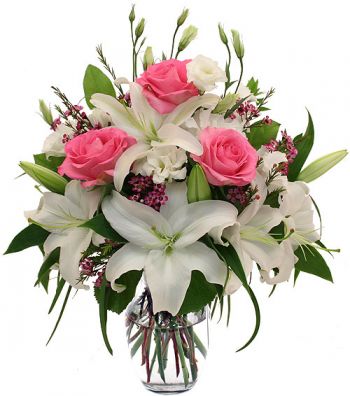 send white lilies with pink roses in vase to tokyo